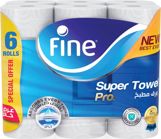 Fine Super Towel Pro, Highly Absorbent, Sterilized & Half Perforated Kitchen Paper Towel, 3 Plies,Pack of 6 Rolls