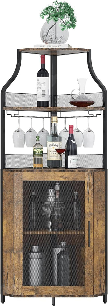 GAOMON Farmhouse Wine Bar Corner Cabinet with Storage, Small Buffet Sideboard with Detachable Rack and Buffet Mesh Door, Glass Rack, Liquor Coffee Bar Cupboard for Kitchen, Dining Room (Retro Brown)