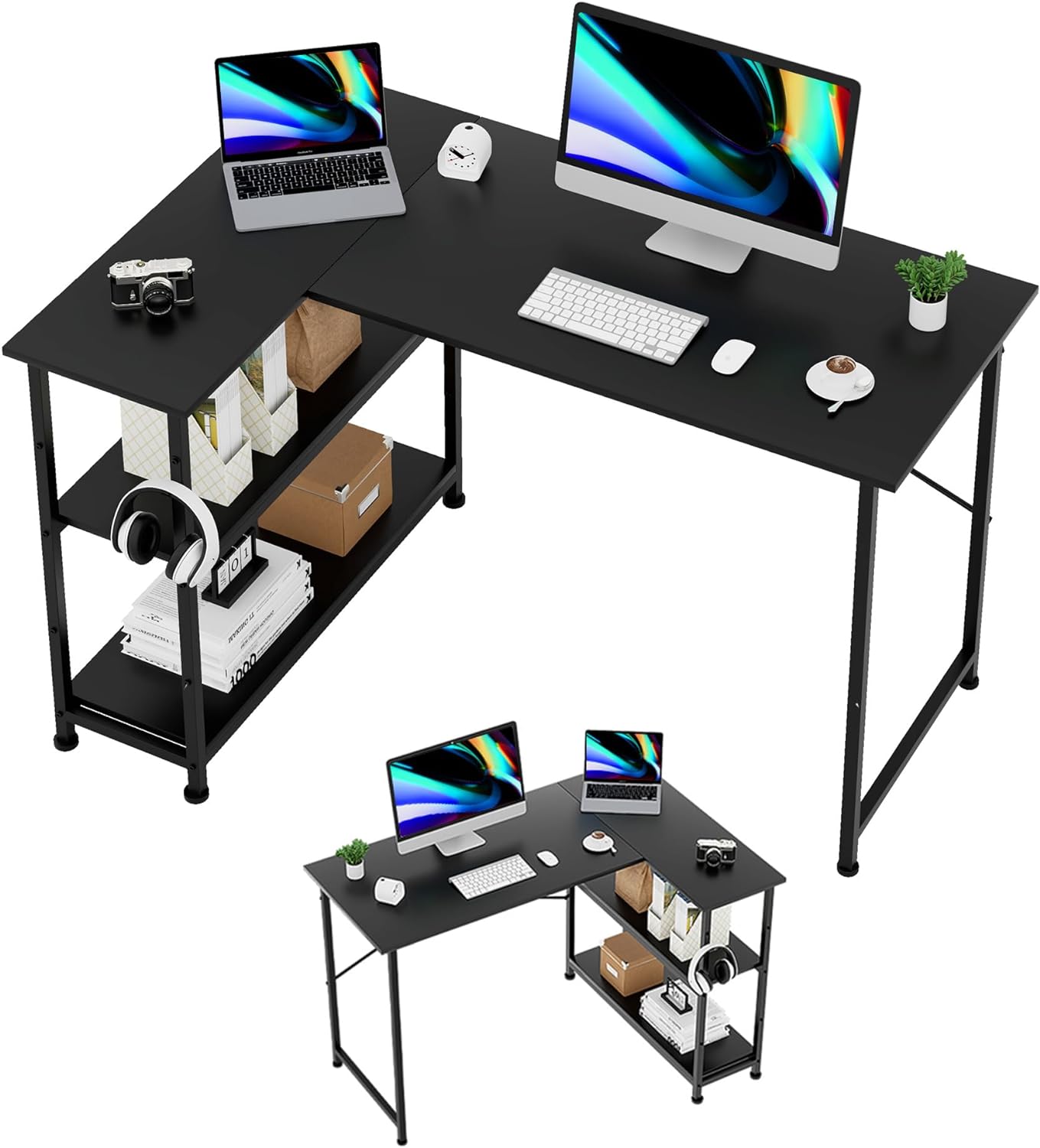 WWI Office Desk L Shaped Computer Desk 110cm Desk Table with Storage Shelves Modern Study Desk for Home Office Workstation (Black)