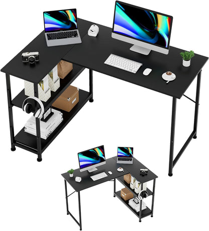WWI Office Desk L Shaped Computer Desk 110cm Desk Table with Storage Shelves Modern Study Desk for Home Office Workstation (Black)
