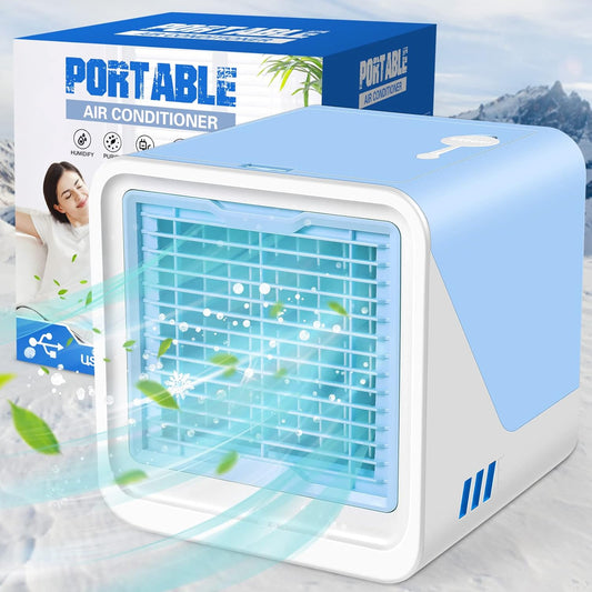 Portable Air Conditioner,Small Air Conditioner without Fan Blade and Outdoor,Personal Air Cooler with 3 Wind Speeds,USB Port and 7 Color Lights Mini Air Cooler with 500ml Water Tank for Office,Bedroom