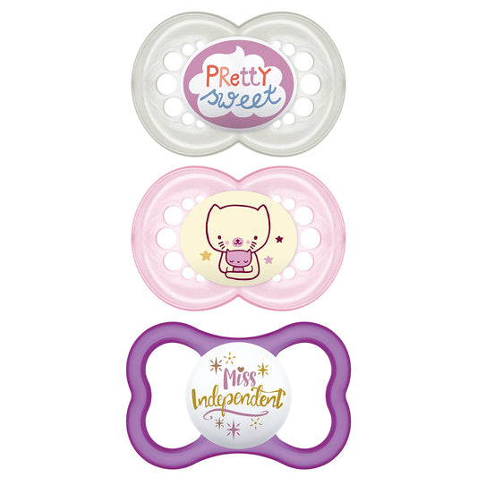 MAM Variety Pack Baby Pacifier, Includes 3 Types of Pacifiers, Shape Helps Promote Healthy Oral Development, 3 Pack, 6-16 Months, Girl