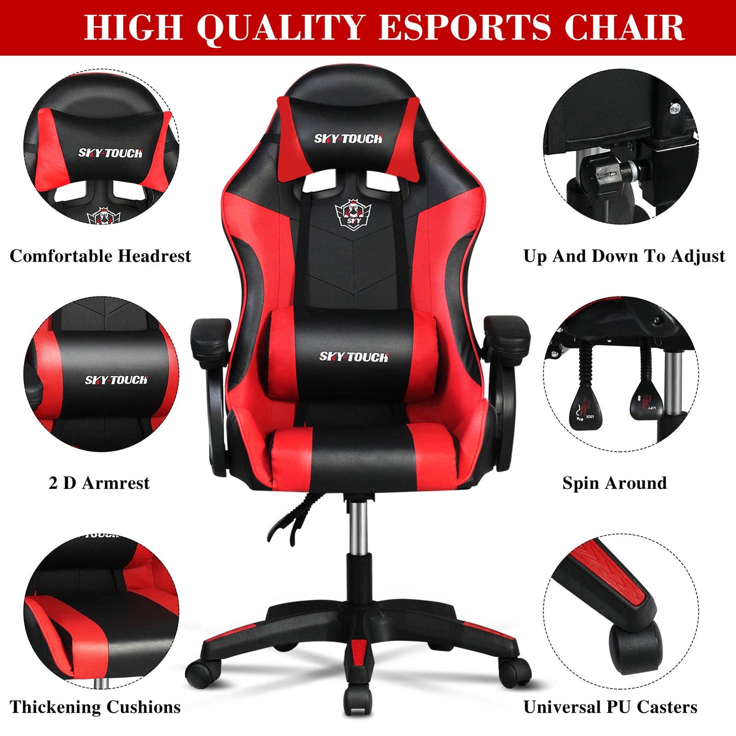 SKY-TOUCH Gaming Chair，Adjustable Computer Chair Pc Office Pu Leather High Back, Ergonomic design Lumbar Support,Comfortable Armrest Headrest，Black