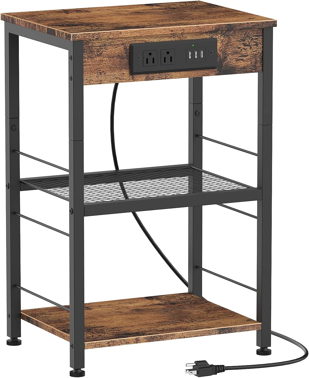 Nightstand with Charging Station End Table with USB Ports and Power Outlets Side Tables Bedroom with Storage Shelves Industrial End Table 3 Tier in Living Room Bedside, Brown