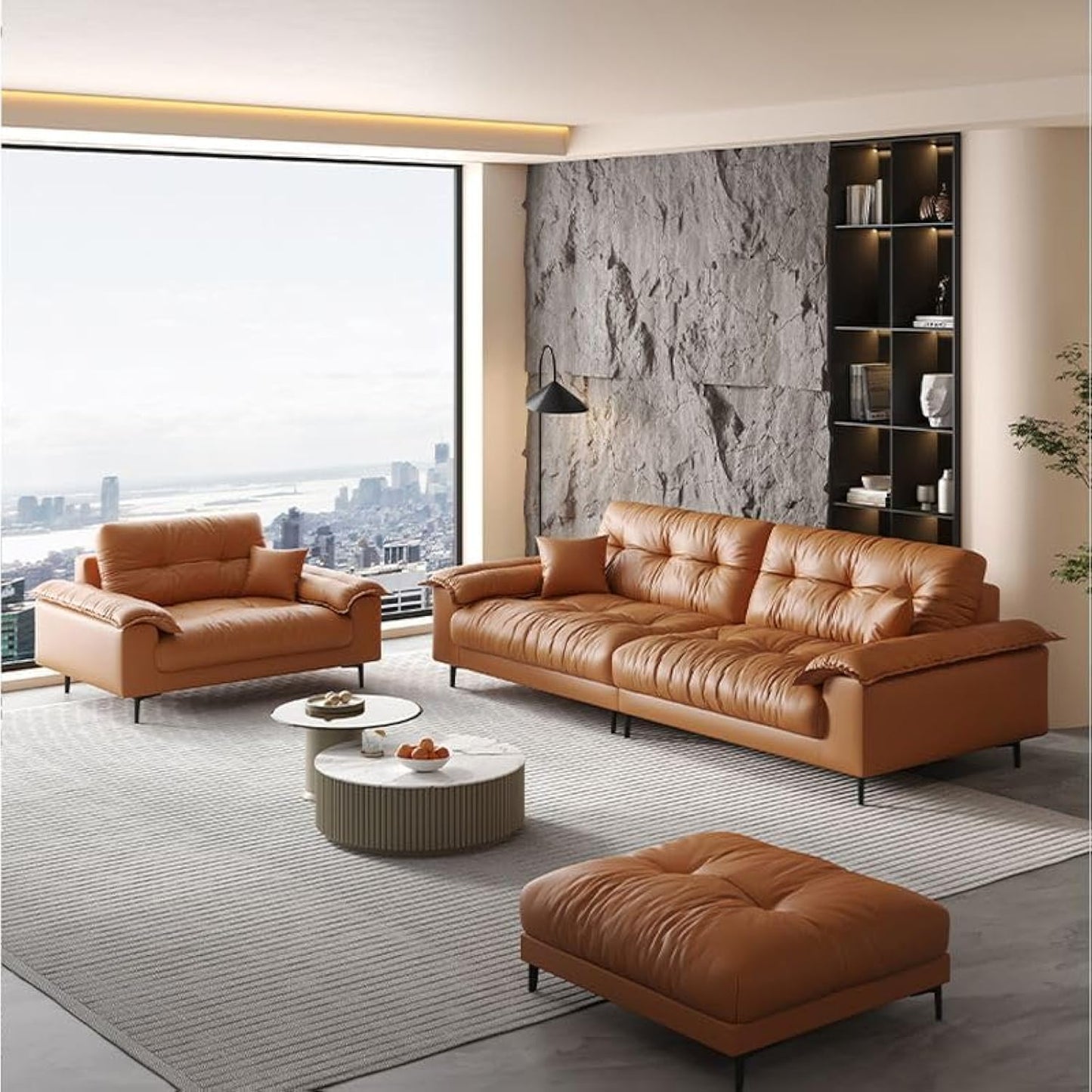 Poppins HOME Luxurious Tan Leather Sofa Set with Chaise Lounge, (2Seater+1+Ottoman)