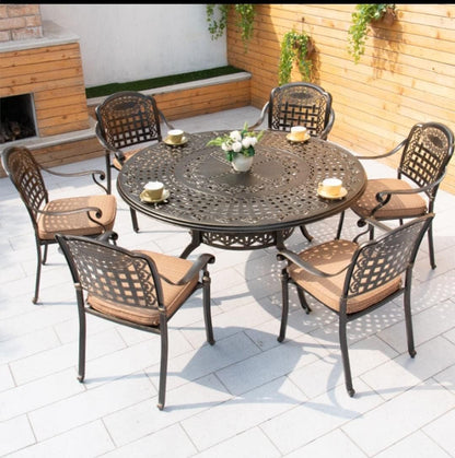 Yulan 7-Piece Outdoor Furniture Dining Set, All-Weather Cast Aluminum Patio Conversation Set, Include 6 Chairs and a Round Table with Umbrella Hole for Balcony Lawn Garden Backyard (B) 603