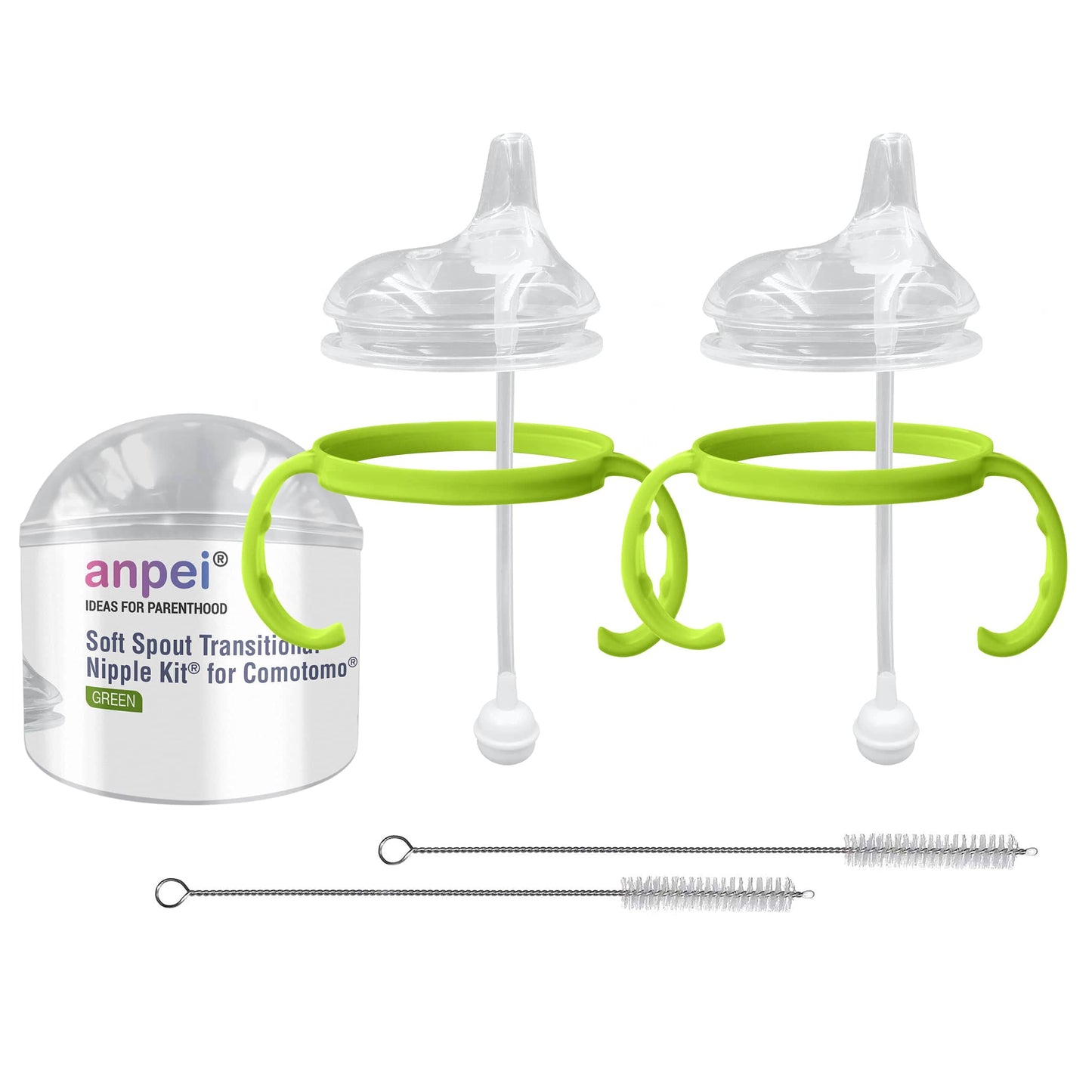 Anpei Straw Sippy Cup Transitional Nipple Kit Bundle Compatible with Comotomo Baby Bottles, 5 oz and 8 oz | Value Bundle 2 Kits + Brushes (Pink)