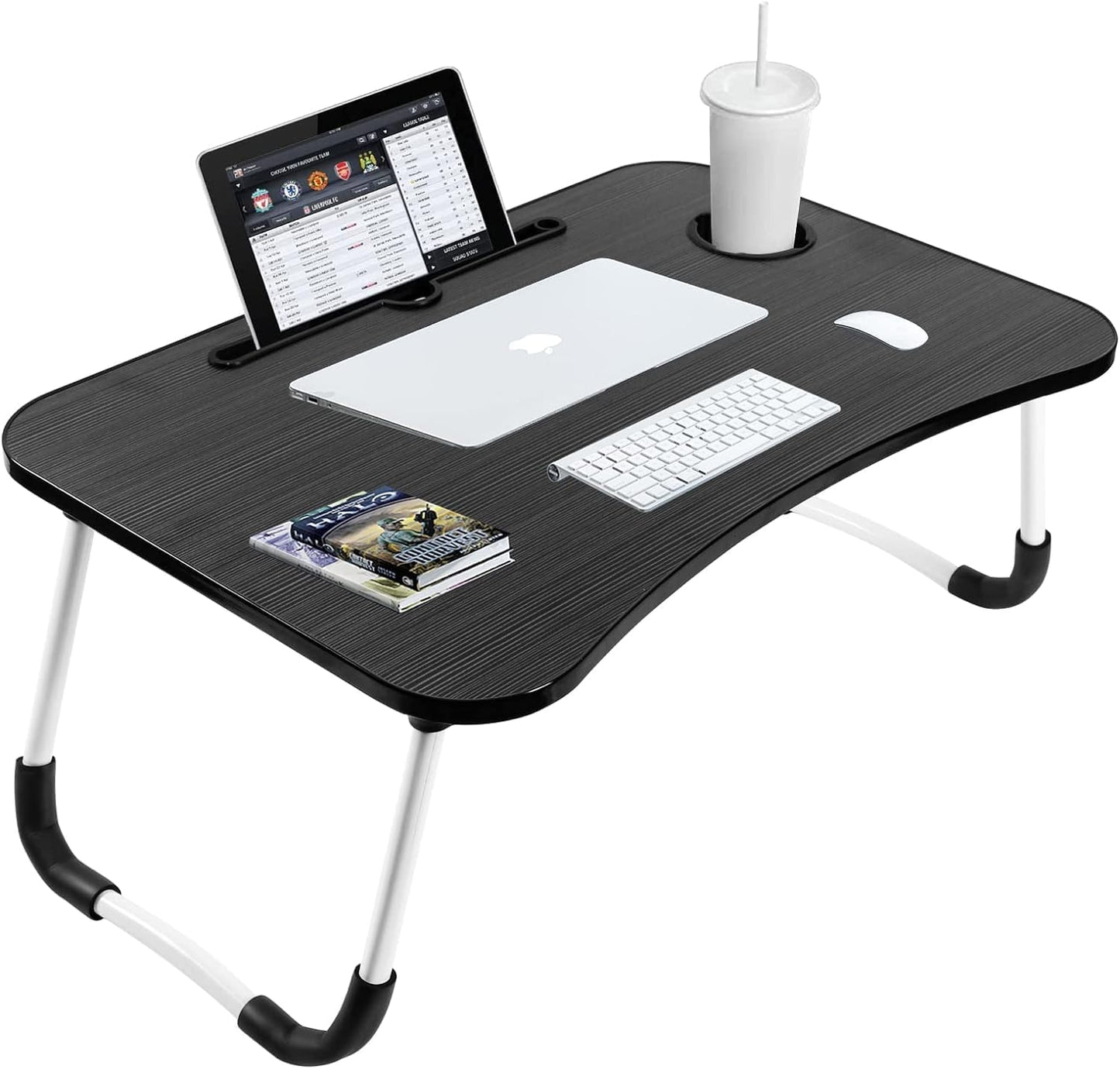 SKY-TOUCH Portable Folding Laptop Desk for Bed，With iPad and Cup Holder Adjustable Lap Tray Notebook Stand， Foldable Non-Slip Legs Reading Table Tray for working，studying，camping 60x40x28cm Black