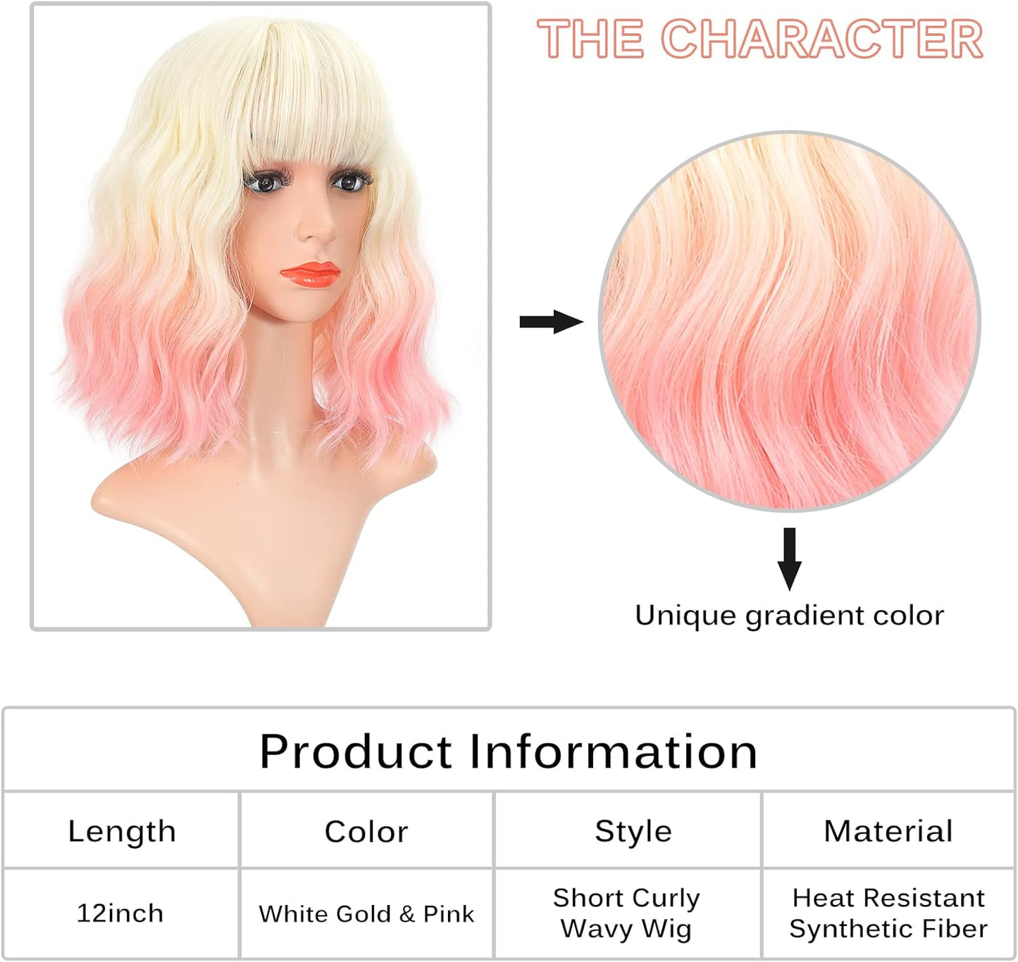 VCKOVCKO Ombre Color Natural Wavy Bob Wig With Air Bangs Short Bob Wigs Women's Shoulder Length Wigs Black to Pink Purple Curly Wavy Synthetic Cosplay for Girl Colorful Wigs(12",Black to WineRed)