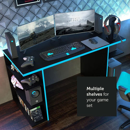 Madesa Gaming Computer Desk with 5 Shelves, Cable Management and Large Monitor Stand, Wood, 60 D x 136 W x 75 H cm – Black