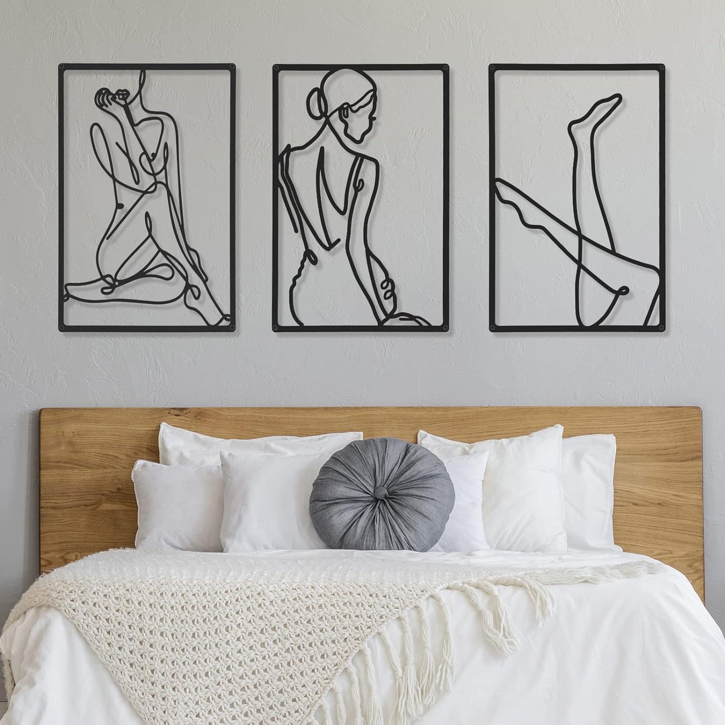 CHENGU 3 Pieces Metal Minimalist Abstract Woman Wall Art Line Drawing Wall Art Decor Single Line Female Home Hanging Wall Art Decor for Kitchen Bathroom Living Room (Black, Hand)