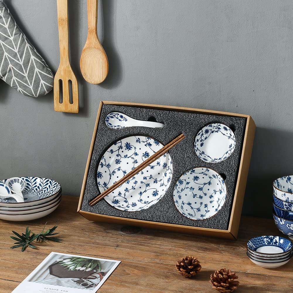 Gegong Blue and White Porcelain Dinnerware Set, Dishes, Bowl, Spoon, Chopsticks, Service for 1, Colorful Glazed Ceramic Set, Gift Box Packaging (Willow Leaves)