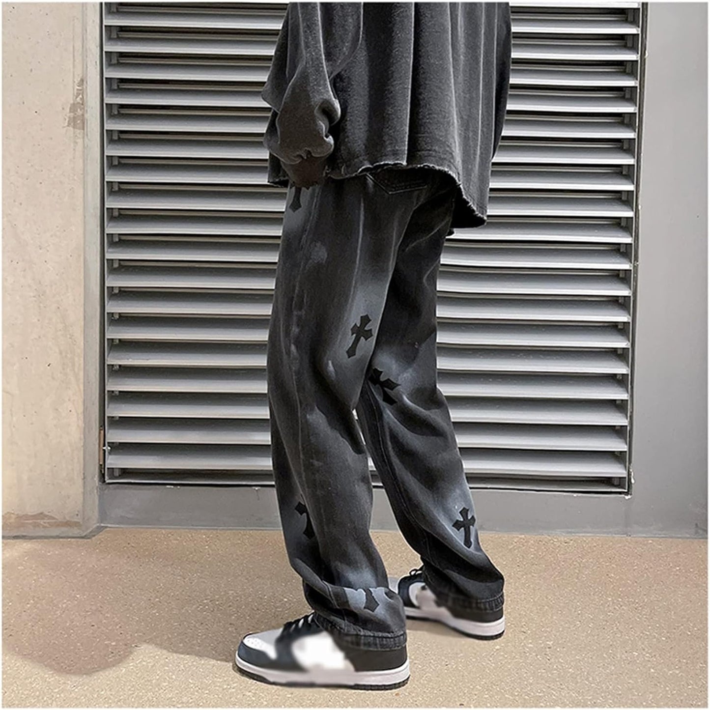 Men Jeans Baggy Straight Relaxed Cargo Work Pants With Pockets, Men's Loose Hip-hop Printed Baggy Denim Jeans