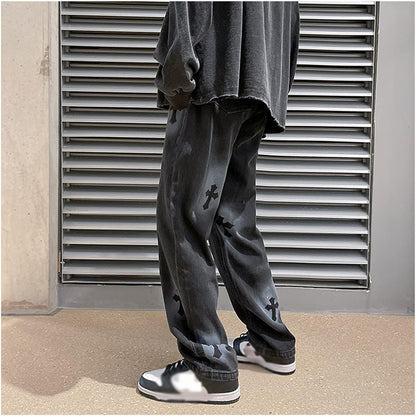 Men Jeans Baggy Straight Relaxed Cargo Work Pants With Pockets, Men's Loose Hip-hop Printed Baggy Denim Jeans