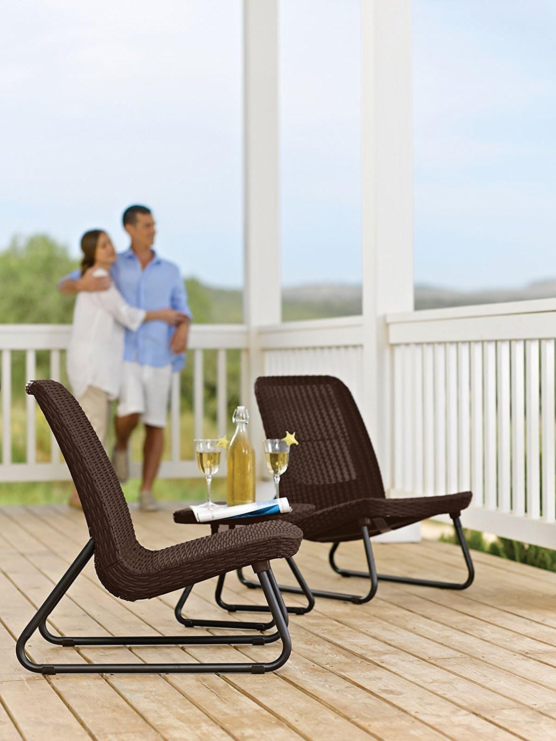 Keter Rio 3 Piece Resin Wicker Patio Furniture Set with Side Table and Outdoor Chairs, Brown