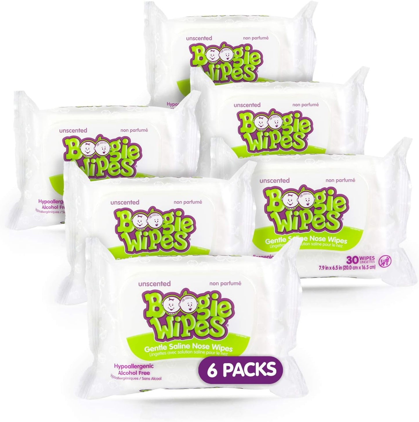 Boogie Wipes, Unscented Wet Wipes for Baby and Kids, Nose, Face, Hand, and Body, Soft and Sensitive Tissue Made with Natural Saline, Aloe, Chamomile and Vitamin E, 30 Count (Pack of 6)