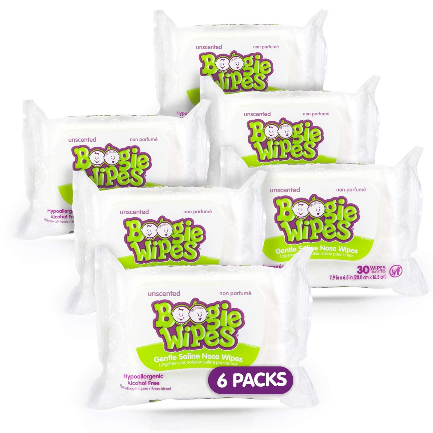 Boogie Wipes, Unscented Wet Wipes for Baby and Kids, Nose, Face, Hand, and Body, Soft and Sensitive Tissue Made with Natural Saline, Aloe, Chamomile and Vitamin E, 30 Count (Pack of 6)