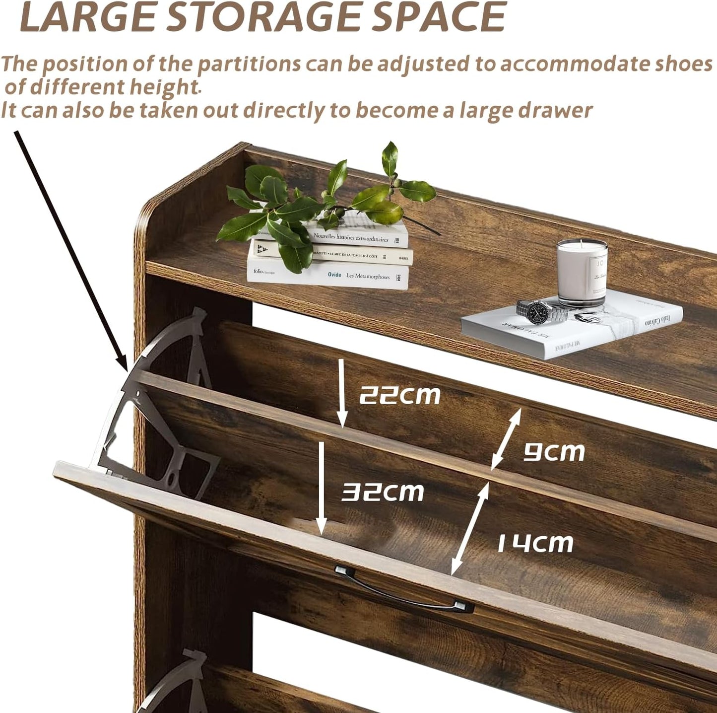 Shoe Cabinet with 2 Flip Drawers, Freestanding Shoe Cabinet Organizer with Metal Legs, Shoes Storage Cabinet for Entryway, Narrow Shoe Rack Cabinet, Rustic Brown