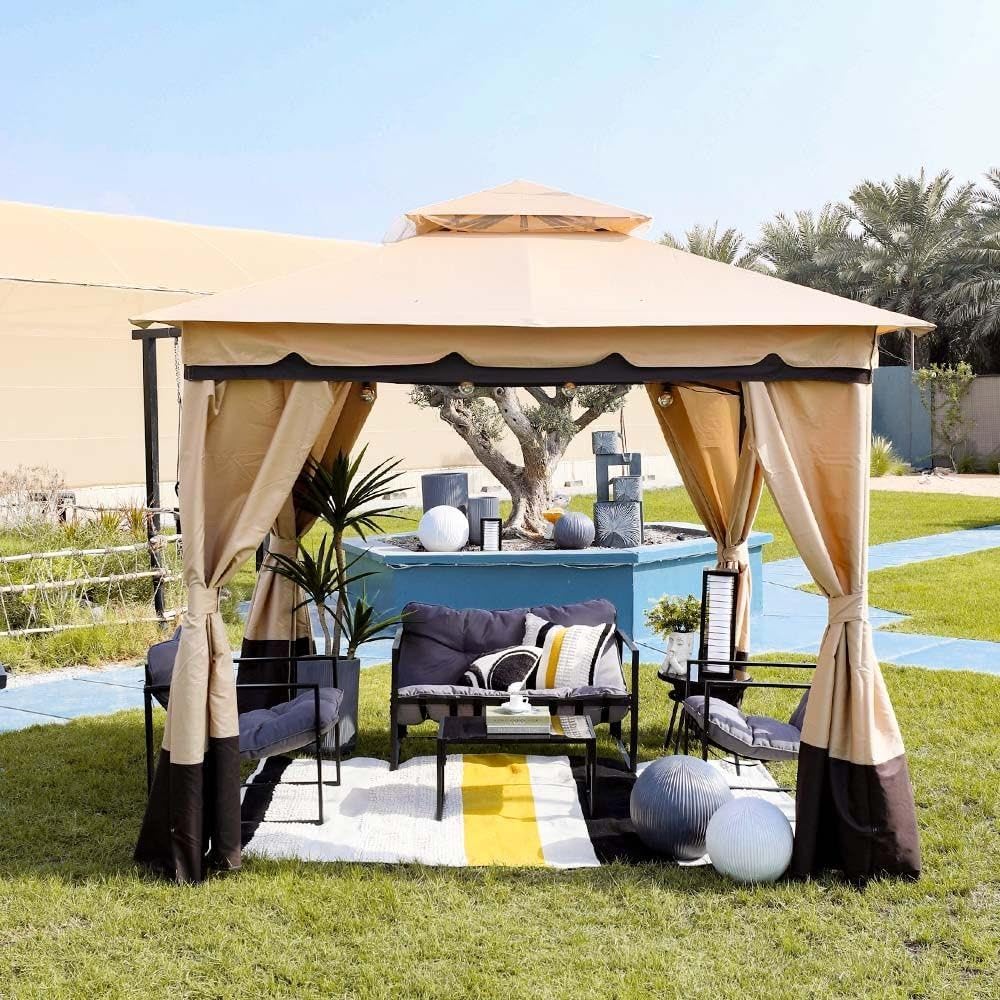 Danube Home Delight Gazebo Steel Frame With Polyester Roof | Square Shape Tent With Curtain | Water And Uv Resistant Garden Patio Canopy | Modern Outdoor Furniture 2.7X2.7M - Beige