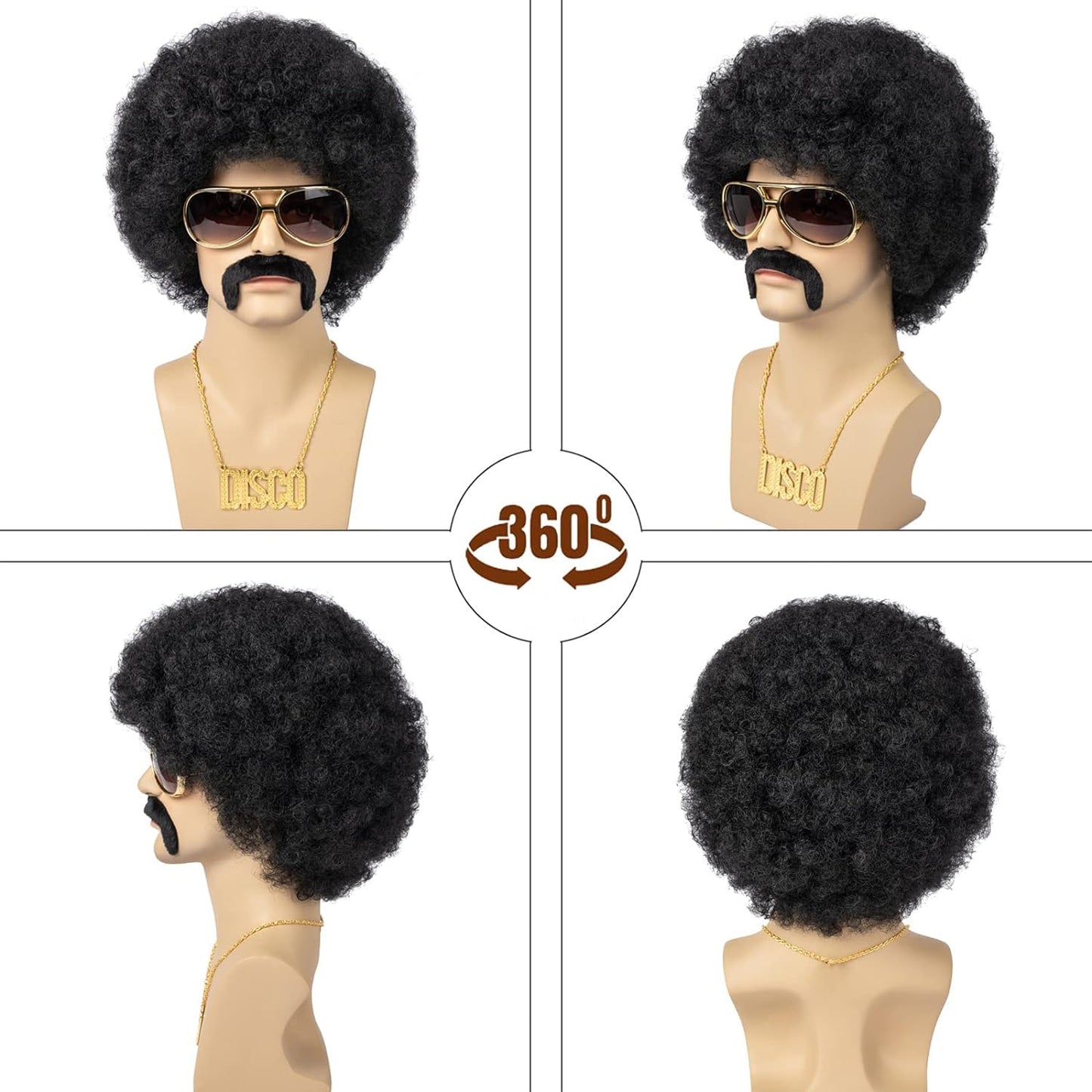 Excefore Wig Men, 4pcs Set 70'S Costumes Wig Disco Wig for Men Natural Fluffy Short Black Curly Synthetic hair Wig for Halloween Cosplay Party (Wig+ Glasses+ Necklace+ Mustache)