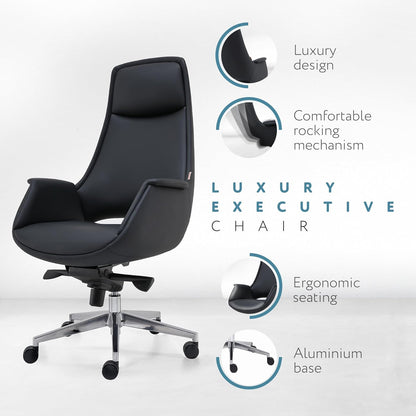 Skyland Luxury Ergonomic Executive Chair - High-Back PU Leather Office Chair with Adjustable Comfort and Aluminum Base (Black)