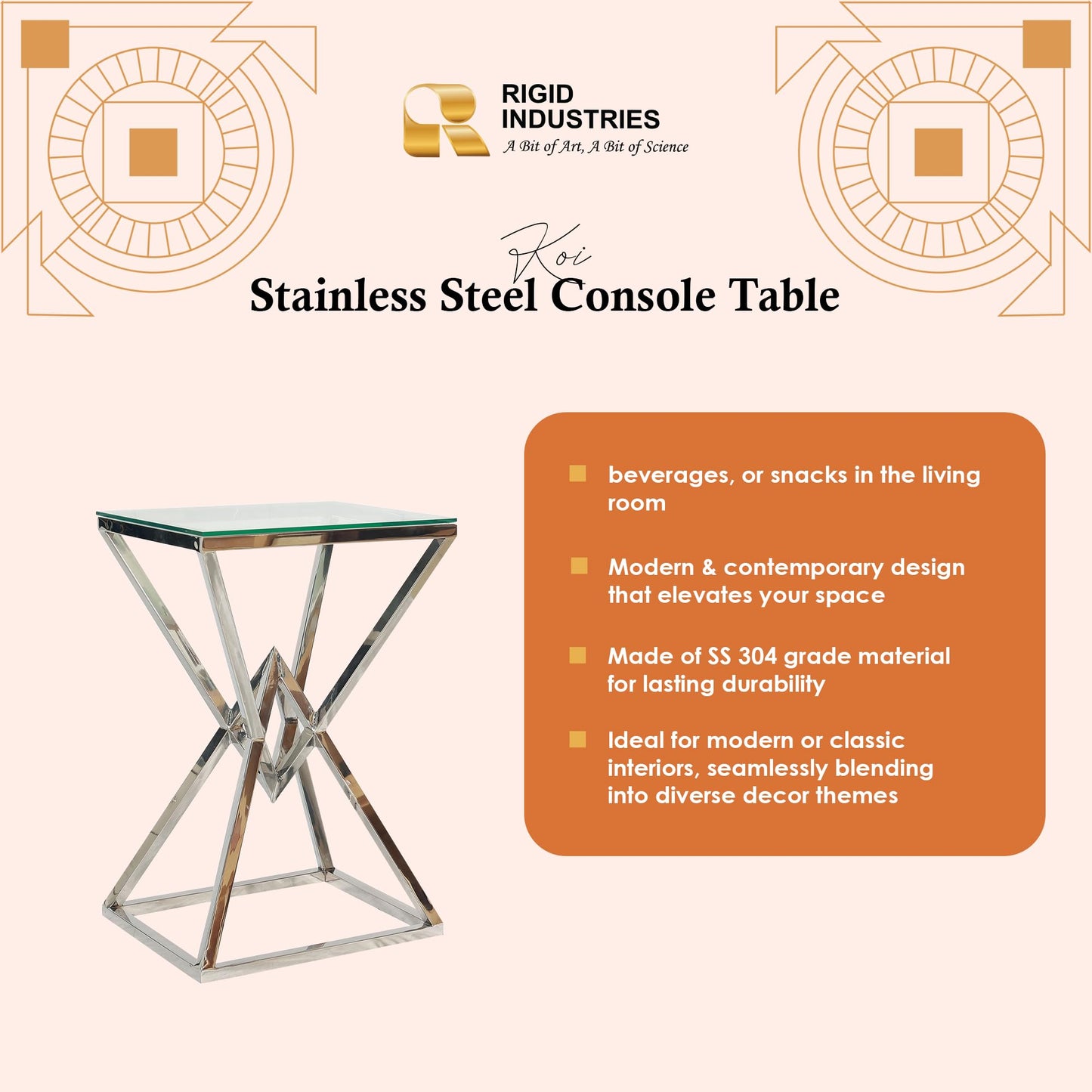 RIGID Console Table | Corner End Table with Stainless Steel Frame and Glass Top for Living Room, Office