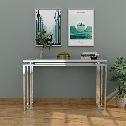 RIGID Stainless Steel Console Table with Metal Frame and Glass Top for Living Room, Entryway, Office | Corner End Table