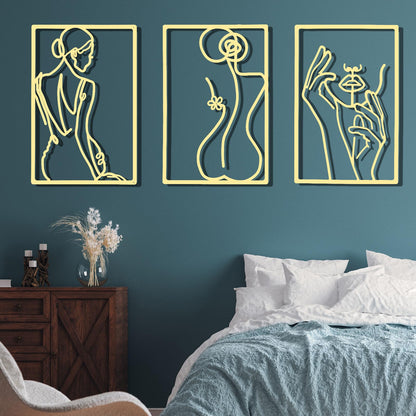 CHENGU 3 Pieces Metal Minimalist Abstract Woman Wall Art Line Drawing Wall Art Decor Single Line Female Home Hanging Wall Art Decor for Kitchen Bathroom Living Room (Black, Hand)