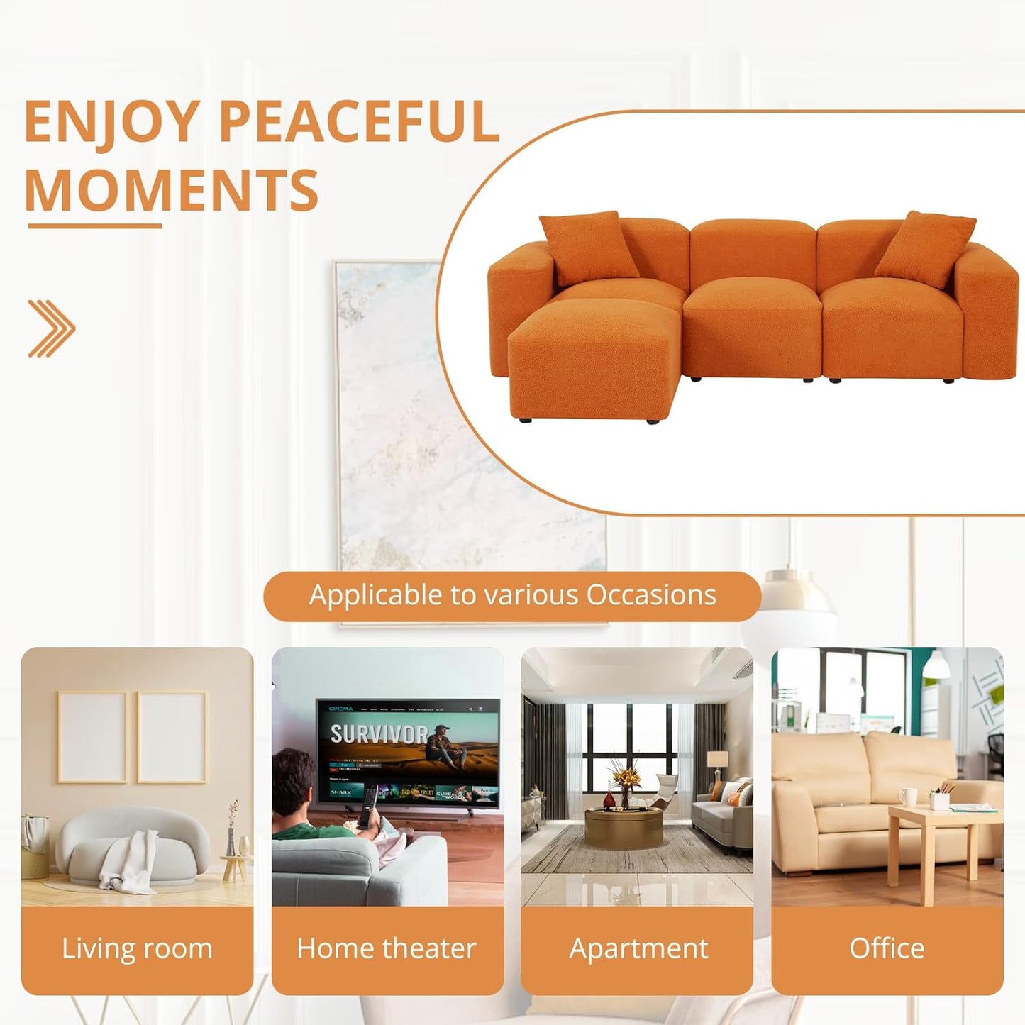 Fangflower L-Shaped Sectional Sofa with Teddy Fabric Reversible Ottoman, Sherpa Futon Couch with 2 Pillows for Living Room Apartment, 94 inch, Orange