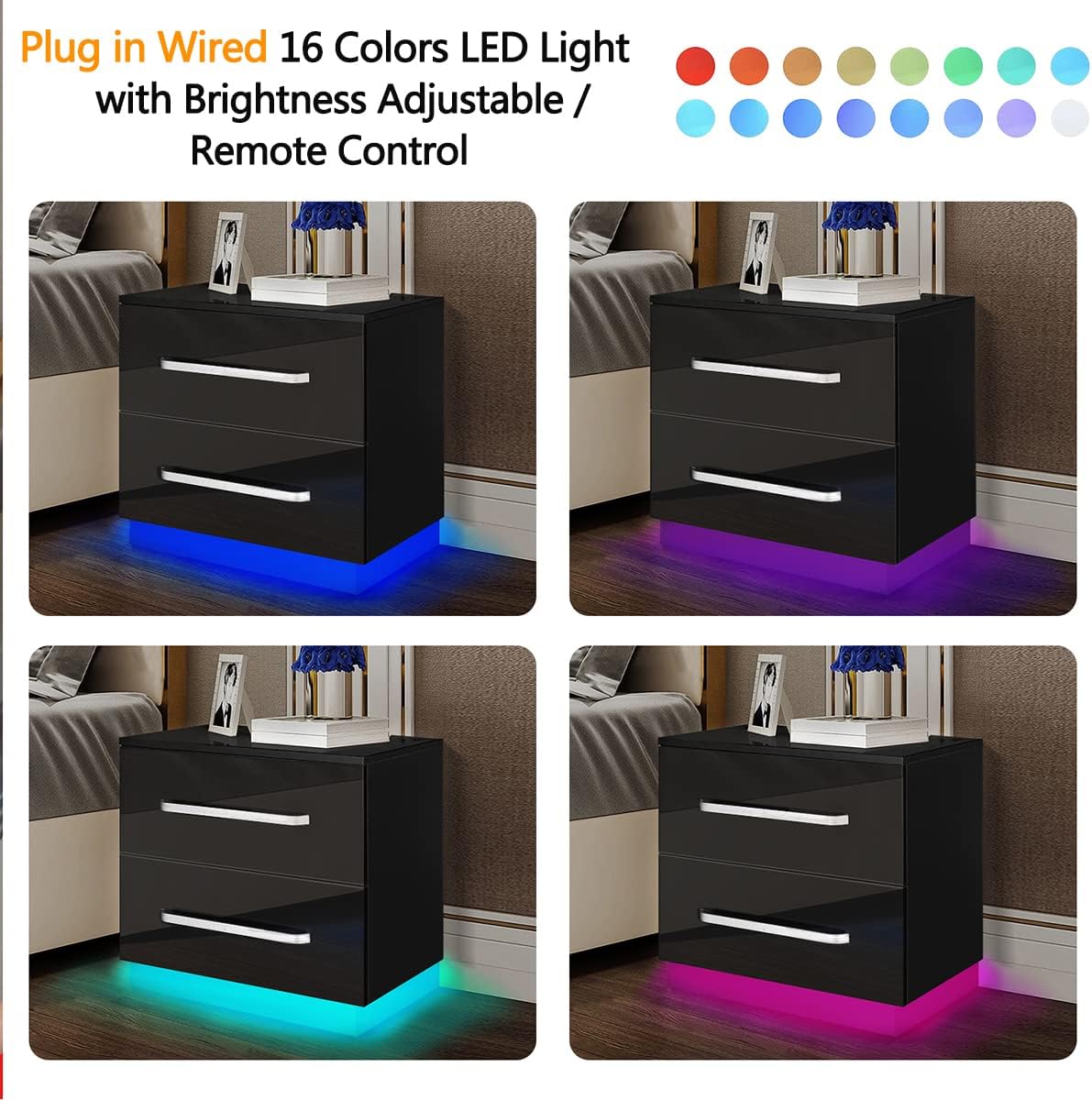 Hommpa LED Nightstand Modern Black Nightstand with Led Lights Wood Bedside Table Night Stand with 2 High Gloss Drawers for Bedroom 19.7" Tall