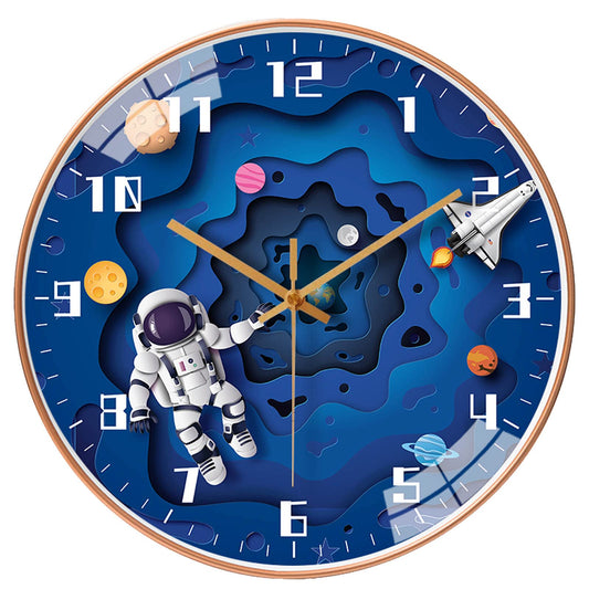 QINFIEY 12 Inch Silent Movement Kids Wall Clock, Non Ticking Children Round Wall Clock Battery Operated Space Travel Style Decor Children Clock for Home School Boys Bedroom Living Room (Blue)