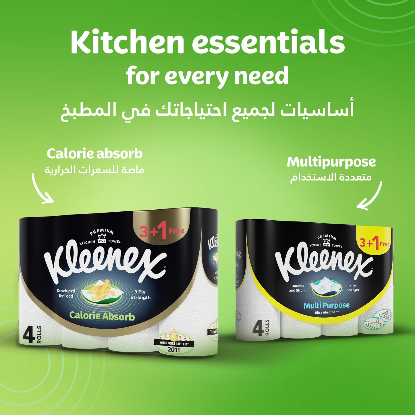 Kleenex Calorie Absorb Kitchen Tissue Paper Towel, 3 PLY, 8 Rolls x 50 Sheets, Food-Grade Strong Absorbent Kitchen Tissue