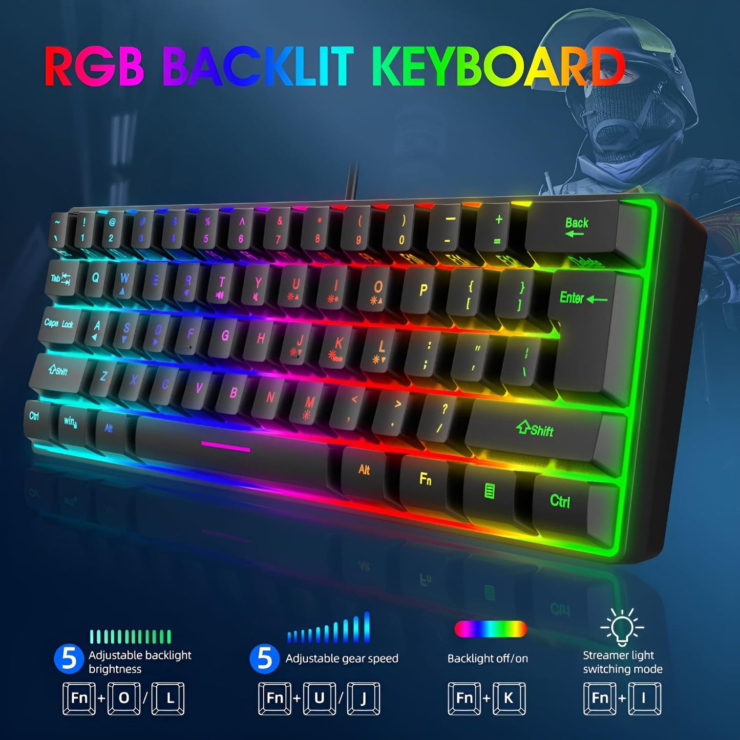 Gaming Keyboard Mechanical 61 Keys Ultra Compact Wired PC Keyboard with RGB Backlit FN Combination Multifunction Shortcut Keys Computer Mechanical Keyboard for Gaming and Work