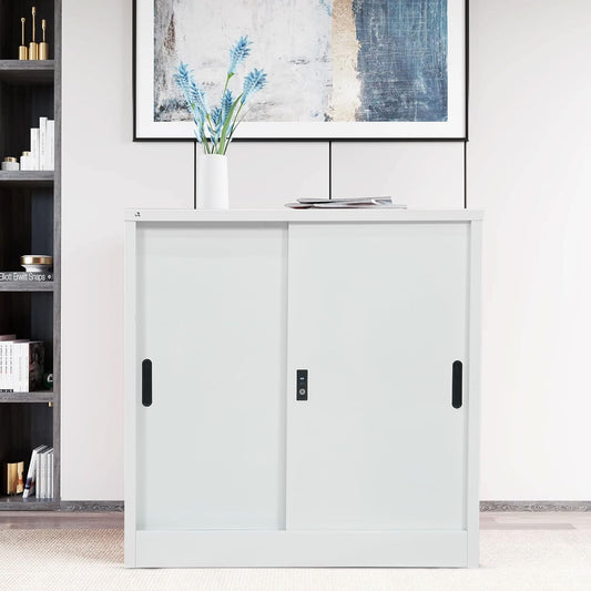 RIGID Steel Sliding Door Cupboard Low Hight Steel Filing Cabinet with Shelves Storage (White)