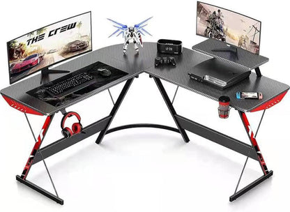 L Shaped Gaming Desk 130cm L Shaped Desk, Carbon Fiber Coated, Computer Corner Desk with Large Monitor Riser Stand for Home Office, Sturdy Writing Workstation, Gaming Desk with Shelf, Black