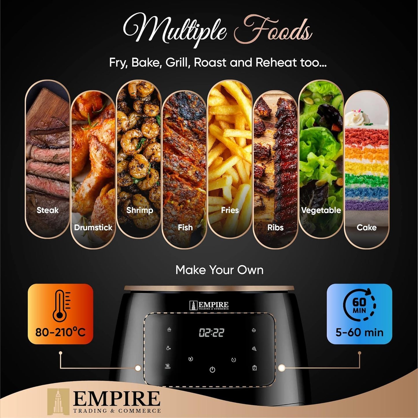 Empire Air Fryer 4.5L with Non-Stick Basket, 1400W High Power Digital Airfryer, 8 Pre-Set Functions, Digital LCD Smart Touch Screen Air Fryer Oven for Kitchen,BPA Free,Dishwasher Safe with FREE E-Book