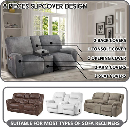 ULTICOR Reclining Loveseat with Middle Console Slipcover, 8-Piece Velvet Stretch Loveseat Reclining Sofa Covers, 2 seat Loveseat Recliner Cover, Thick, Soft, Washable, Loveseat Slipcovers (Dark Grey)