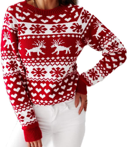 Women Sweater Christmas Oversized Pullover Sweaters Reindeer Snowflake Graphic Long Sleeve Crew Neck Knit Tops