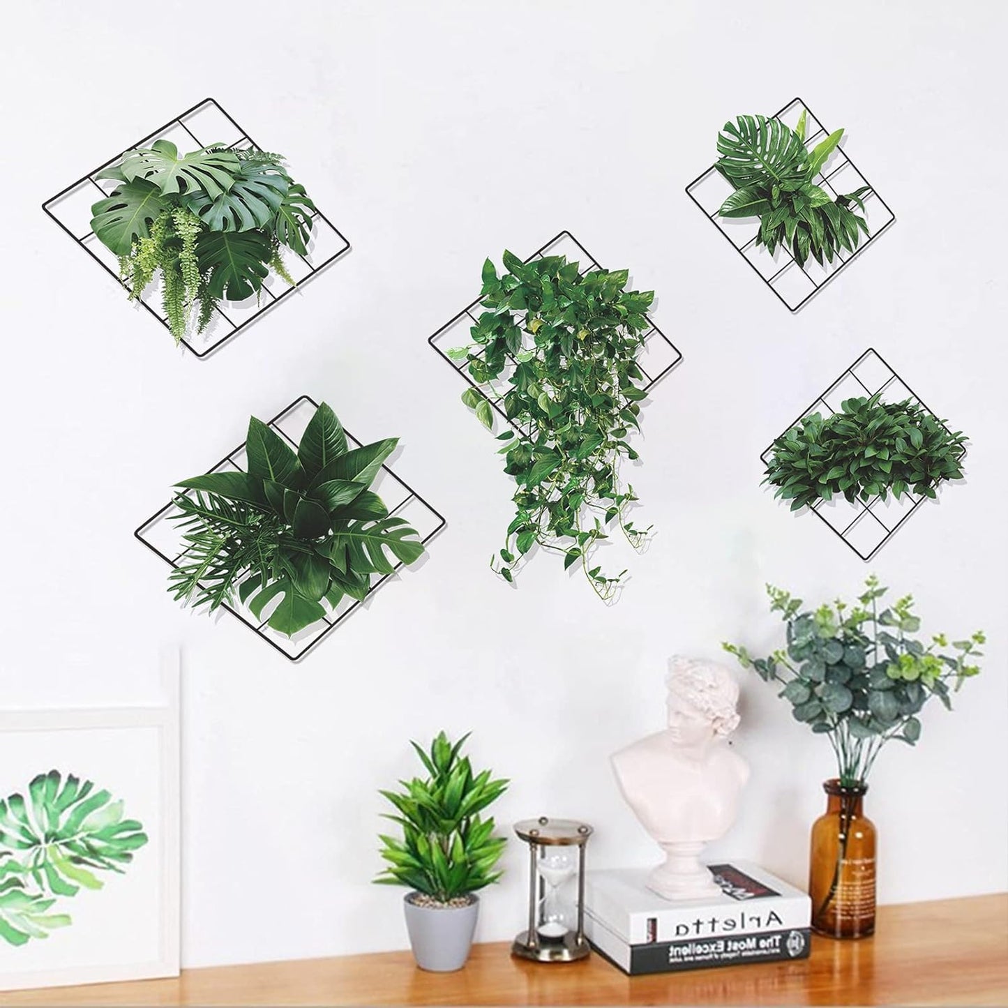 Magic 3D Effect Vivid Green Plants Monstera Leaf Ivy Grid Wall Decor Decal, Vinyl Removable Green Leaves Wall Stickers for Bedroom Living Room Office Kitchen Decorations, Set of 5(12”X12”)