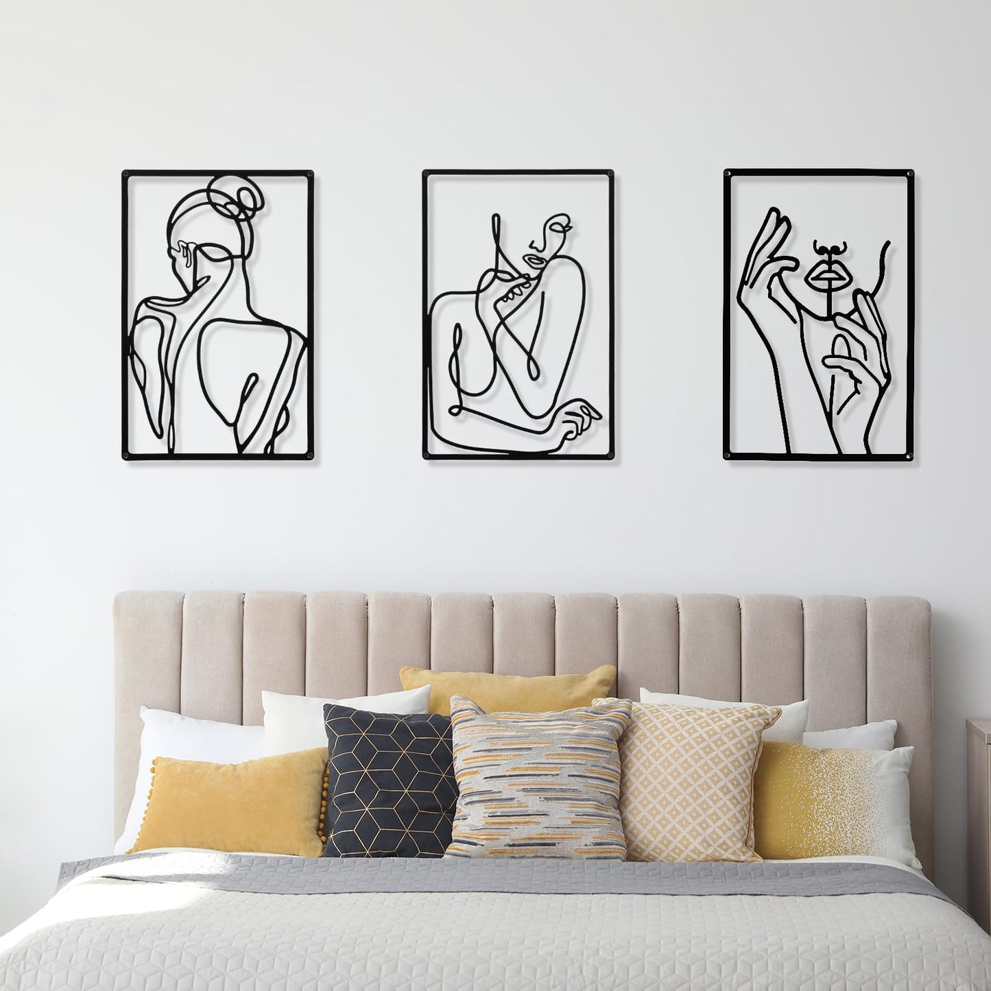 CHENGU 3 Pieces Metal Minimalist Abstract Woman Wall Art Line Drawing Wall Art Decor Single Line Female Home Hanging Wall Art Decor for Kitchen Bathroom Living Room (Black, Hand)