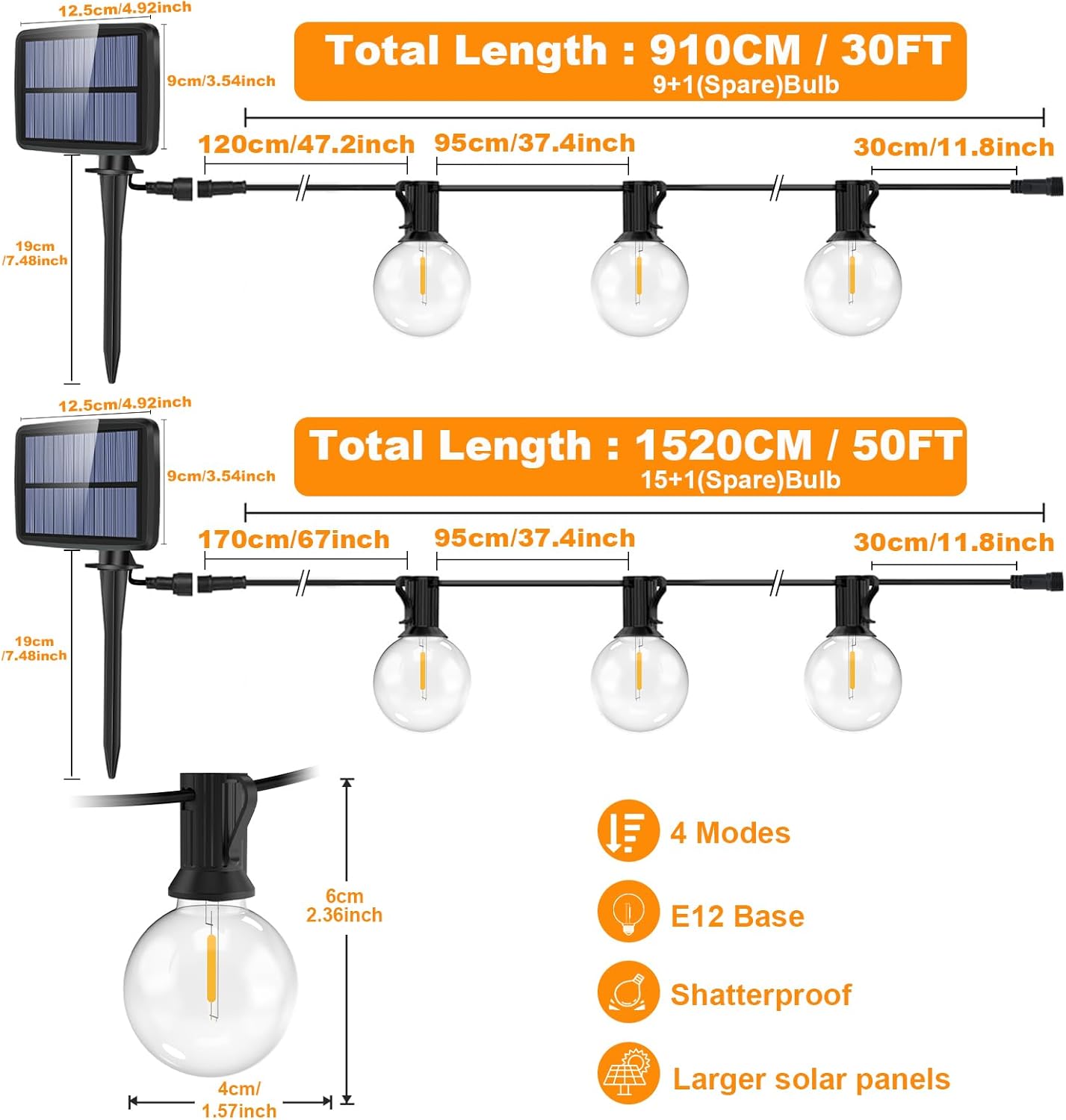 Romwish Solar String Lights Outdoor, 15M/50FT G40 Solar Hanging Decorative String Light, 4 Light Modes Outside Light Waterproof, 2400mAh,Garden, Wedding, Party Patio(Warm White)