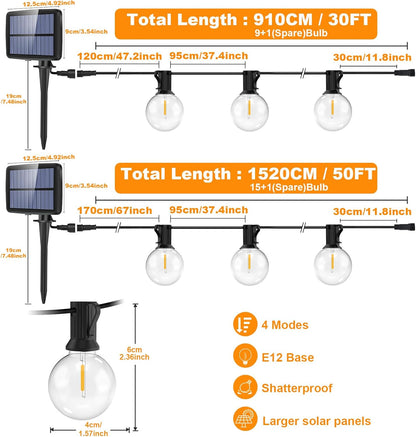 Romwish Solar String Lights Outdoor, 15M/50FT G40 Solar Hanging Decorative String Light, 4 Light Modes Outside Light Waterproof, 2400mAh,Garden, Wedding, Party Patio(Warm White)