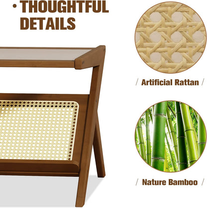 Bamworld Rattan Side Table Boho NightStand Mid Century Modern End Table Glass Bedside Table Small End Tables Bamboo Coffee Table with Storage for Living Room Bedroom, Bamboo Brown (A1)