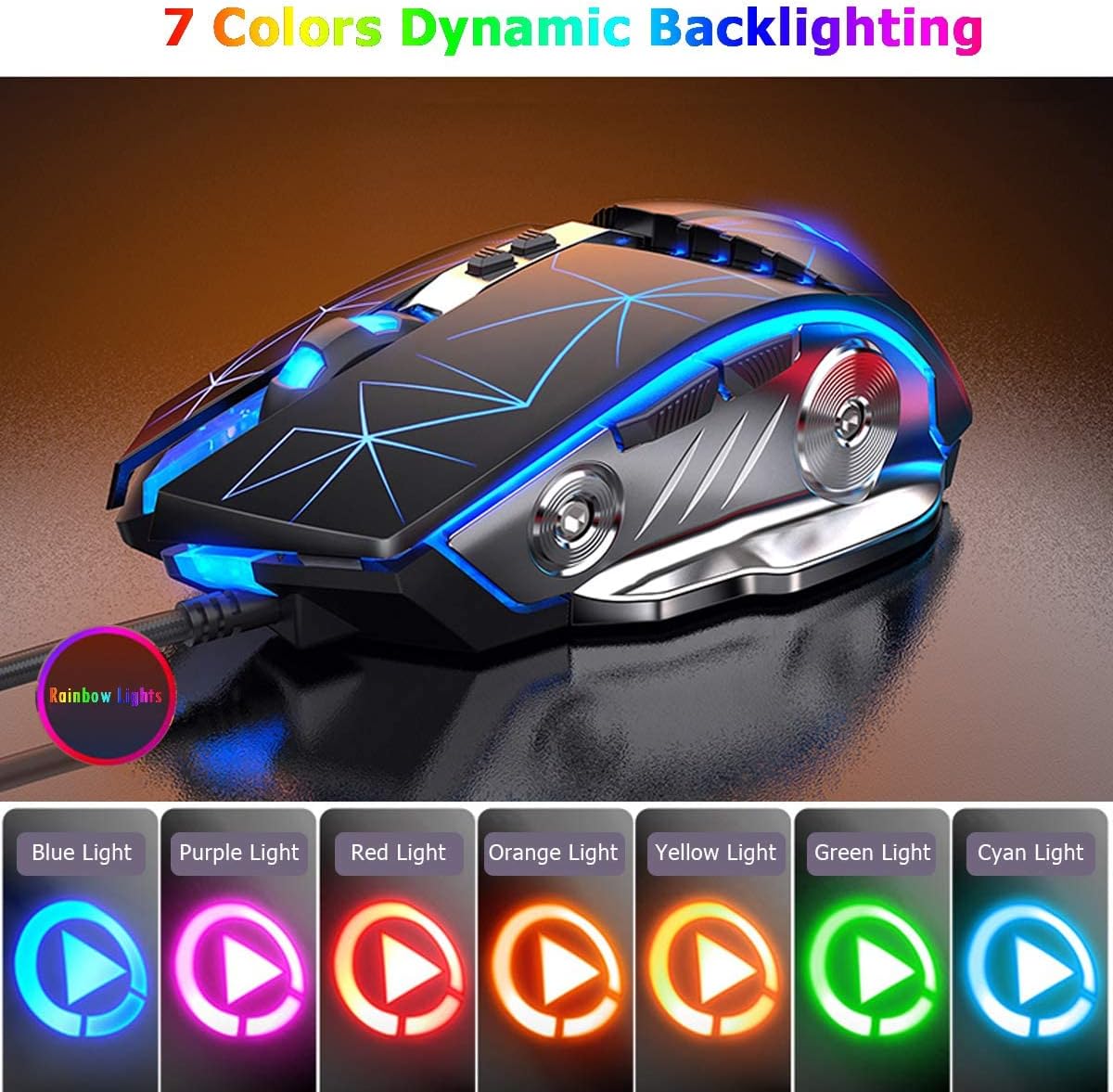 Gaming Mouse USB Wired RGB Backlit Silent Click Gamer Mouse with 4 Adjustable DPI Up to 3200, Comfortable Grip Ergonomic Optical Gaming Mice for Laptop PC Gamer Computer