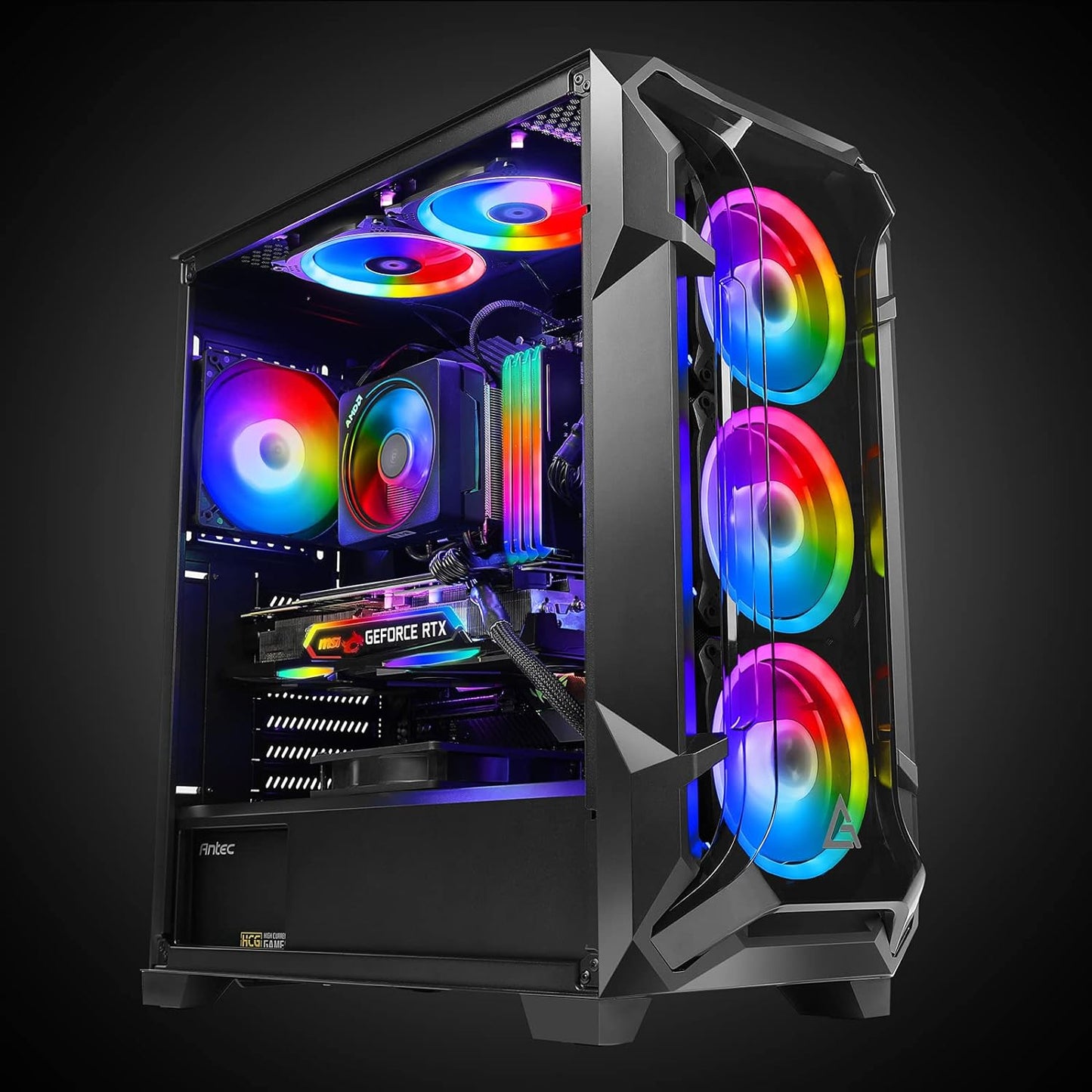 Antec Dark Phantom Dp502 Flux, Mid Tower Atx Gaming Case, Tempered Glass Side Panel, Swing Open Front Panel & Led Strips, F-Lux Platform, 3 X 120 Mm Argb, 1 X 120 Mm Reverse & 1 X 120 Mm Fans Included