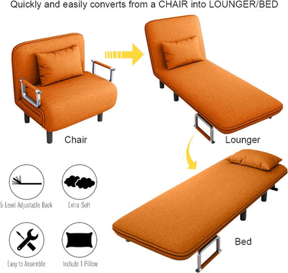 Convertible Chair Bed, Tri-Fold Sofa Bed with Adjustable Backrest & Pillow, Leisure Chaise Lounge Couch with Sturdy Steel Frame for Home & Office, Comfortable Sleeper Chair (65 * 190cm) (Orange)