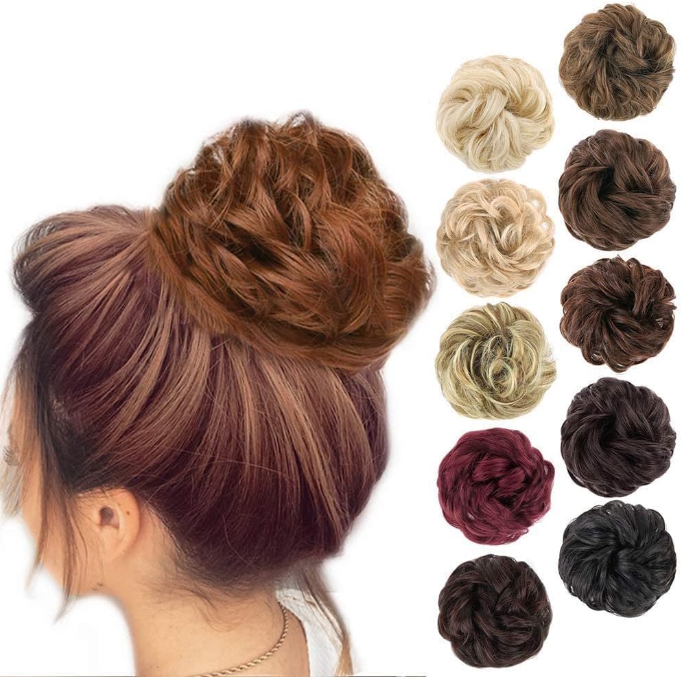 MORICA 1PCS Messy Hair Bun Hair Scrunchies Extension Curly Wavy Messy Synthetic Chignon for Women (12AH613(Light Golden Brown & Lightest Blonde))