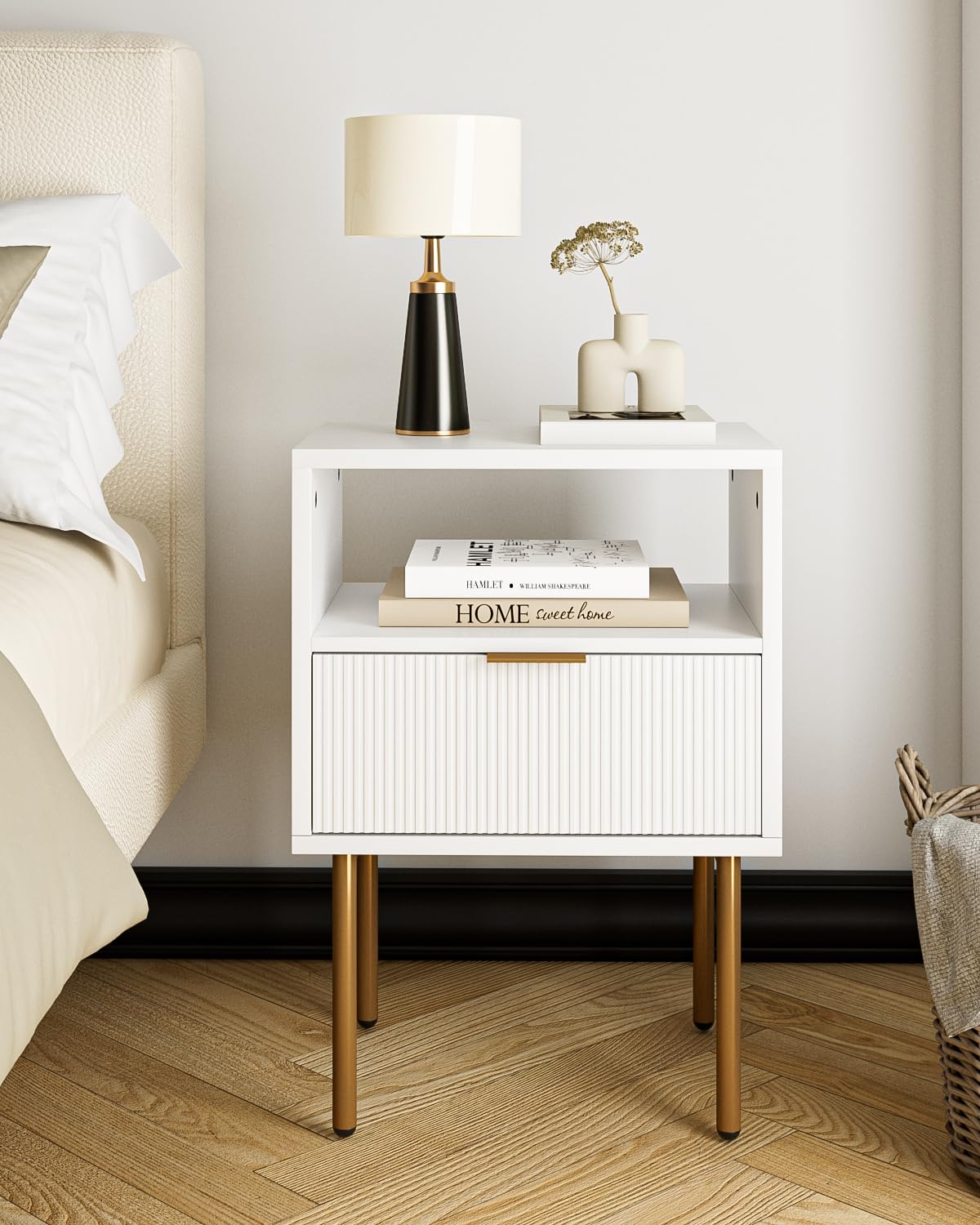 Aobafuir Nightstand, 2 Drawer Dresser for Bedroom, Small Side Table with 2 Drawers, Bedside Furniture, Night Stand, End Table with Gold Frame for Bedroom, Living Room, White Stripe