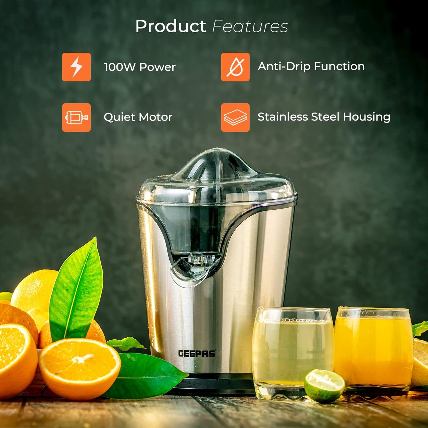 Geepas GCJ46013UK 100W Citrus Juicer Electric Orange Juicer | Professional Brushed Stainless Steel Fruit Juicer | Squeezes Oranges Lemons Lime Juices | Freshly Pressed Fruit Juices in Seconds