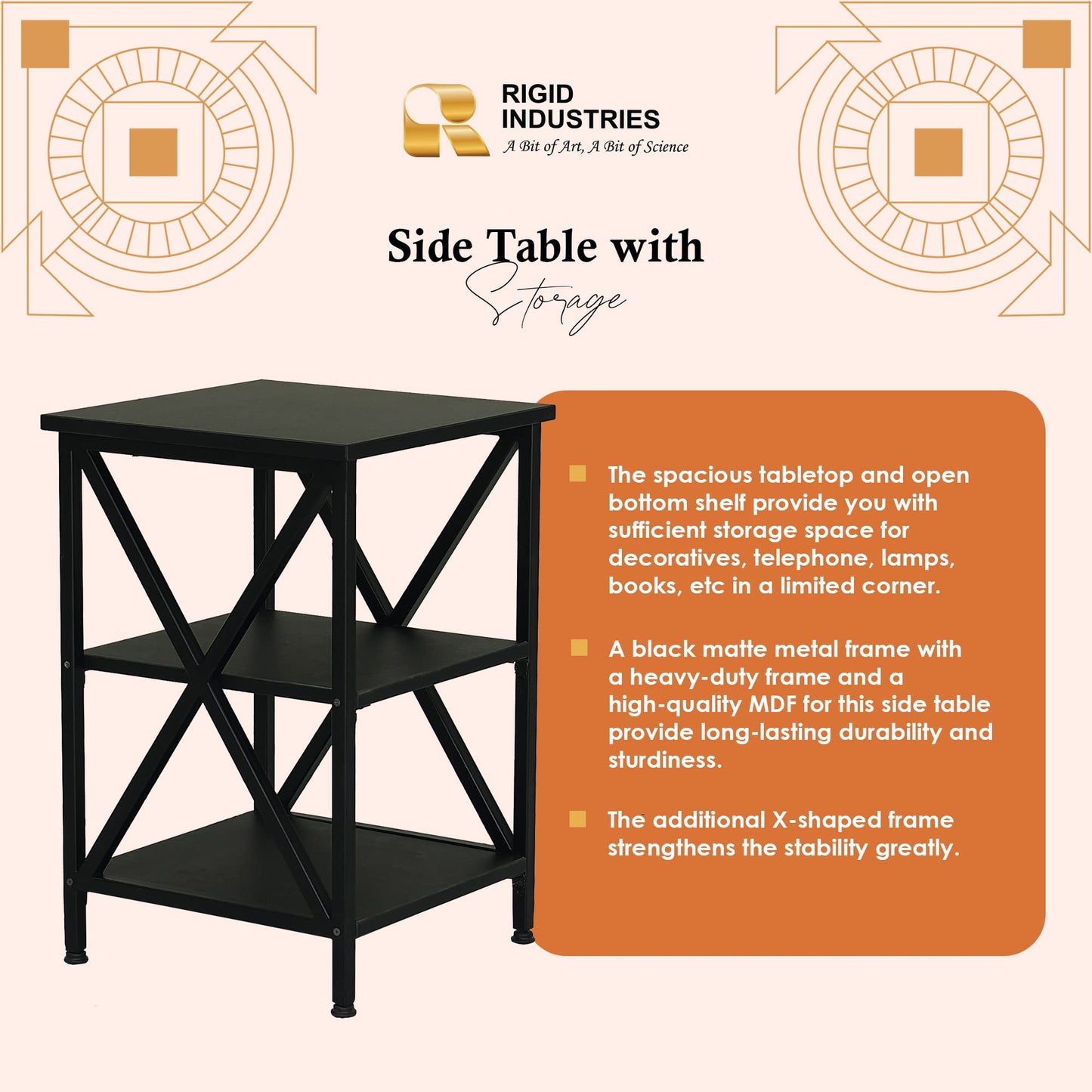 RIGID Side Table with Storage, End Table, Nightstand with X-Shaped Steel Frame, for Living Room, Bedroom, Farmhouse 3-Tie